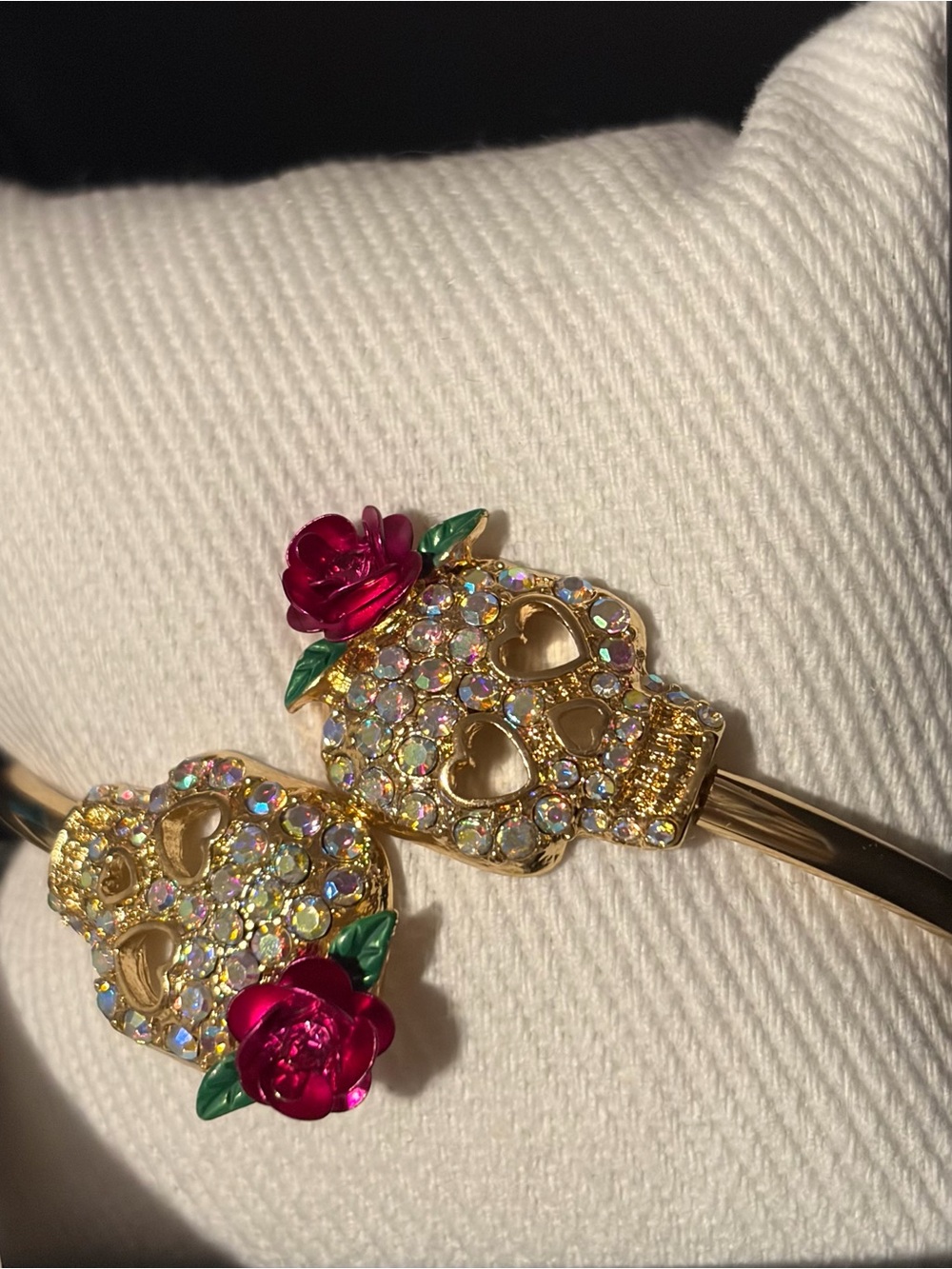 Gold Crystal Skull Cuff Bracelet with Red Rose Accents